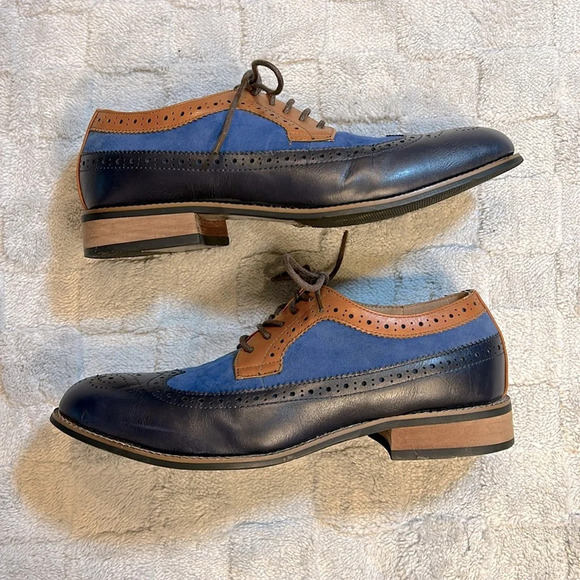 Azar Man Navy Blue & Cognac Leather Suede Lace-Up Oxfords Dress Shoes | Men’s 9 - Picture 3 of 8